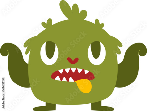 Cartoonish Green Monster with Tongue Out, Raised Arms, and Silly Expression