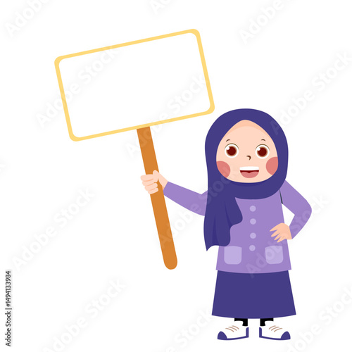 Cartoon girl in hijab holding blank sign.