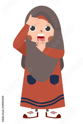 Surprised girl in hijab, cartoon character with shocked expression.