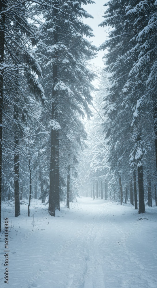 Obraz premium Snow-covered trees stand majestically, creating a serene winter wonderland. The crisp air and silent landscape offer peace.