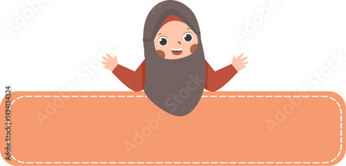Cartoon girl in hijab with a blank peach banner.