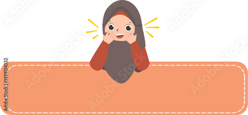Surprised girl in hijab with freckles, peach banner space.