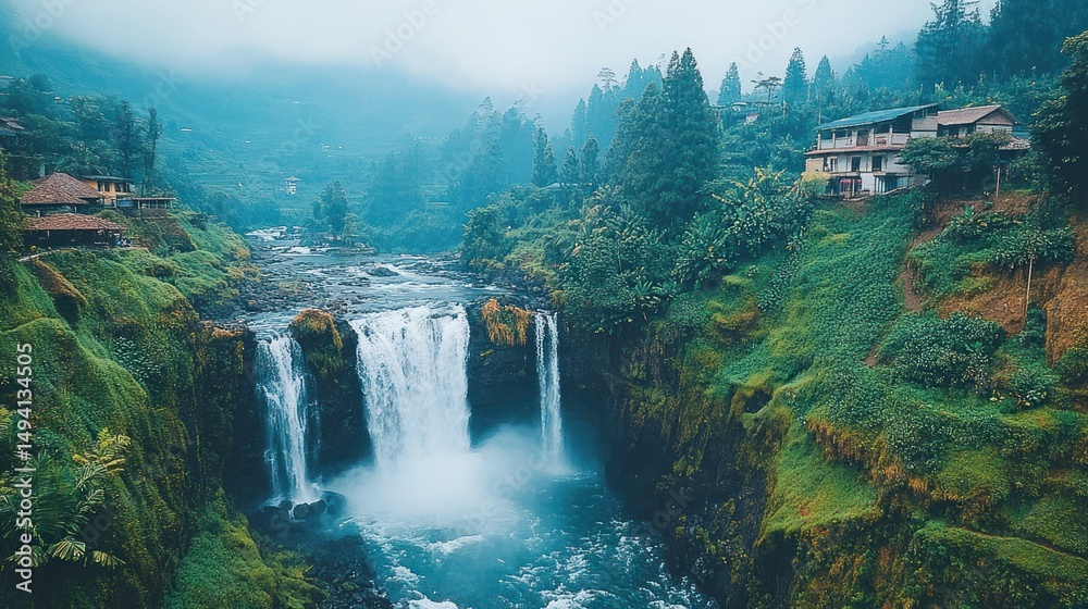 Fototapeta premium Lush valley with cascading waterfall
