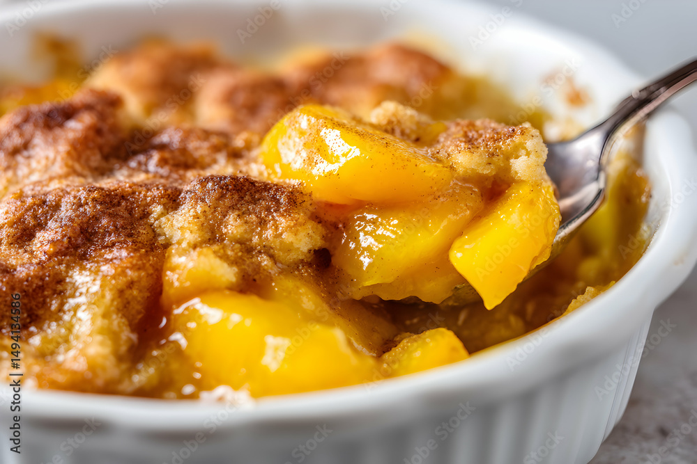 Close Up View of Peach Cobbler in White Ramekin Being Served with Spoon Close Up View of Peach Cobbler in White Ramekin Being Served with Spoon