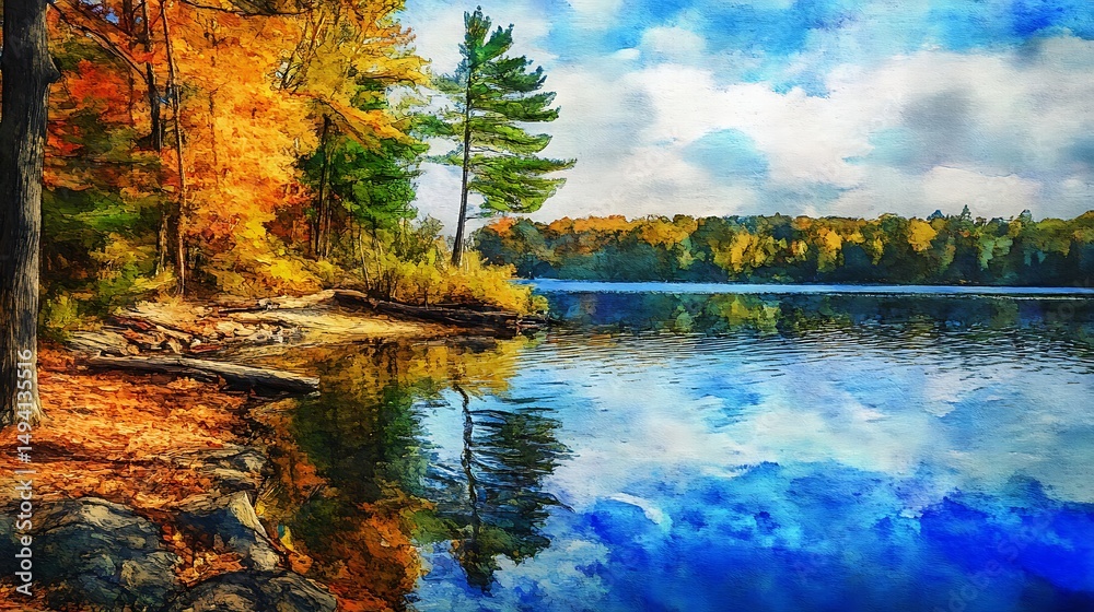 Obraz premium Serene Autumn Lake with Colorful Trees and Reflective Water