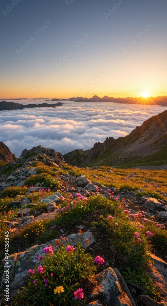 Fototapeta premium Breathtaking mountain vista with vibrant wildflowers overlooking a sea of clouds at sunset, capturing nature's serene beauty.