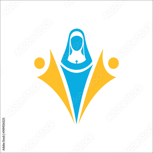 Logo with the silhouette of a nun in blue and yellow