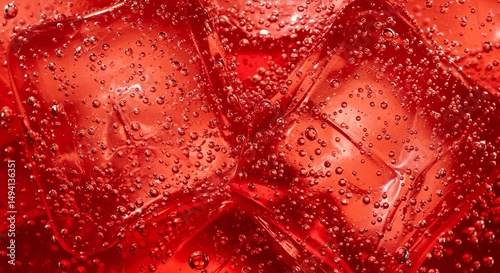 Close-up of ice cubes in a red beverage, highlighting the bubbles and textures for a refreshing visual.