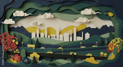 Modern Cityscape with Highway in Paper Cut Style – Nature and Urban Harmony