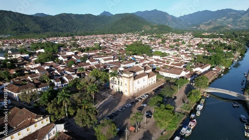 Stunning aerial view of Paraty, Rio de Janeiro, showcasing the vibrant coastal town and surrounding nature.