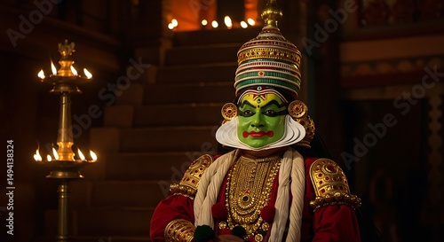 Kathakali dancer Kerala temple steps green face gold headdress oil lamps dramatic lighting
