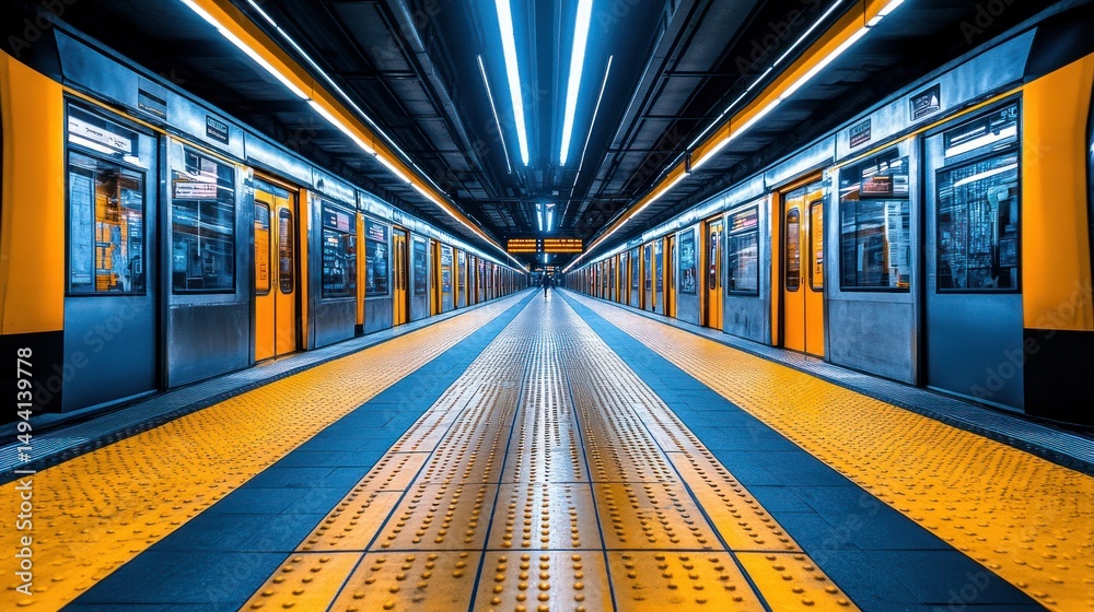 Fototapeta premium Empty subway station platform, neon glow