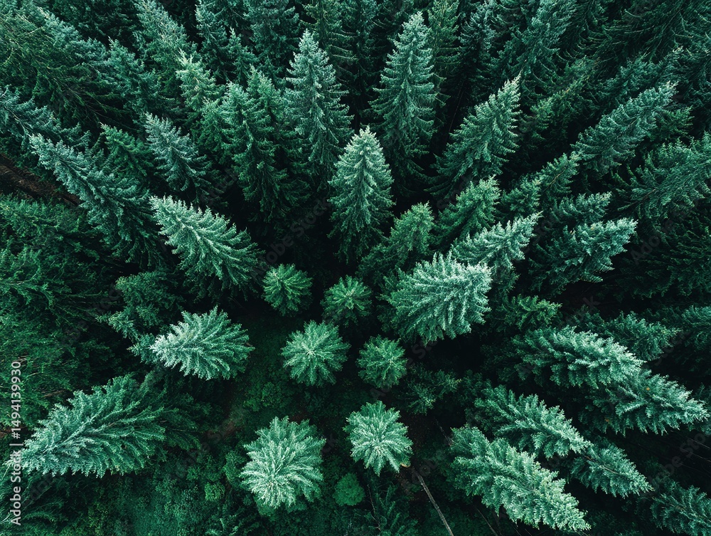 Obraz premium Dense Evergreen Forest Canopy Aerial View