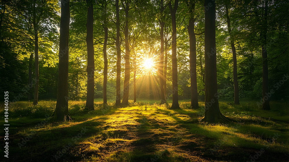 Sunlight streams through a dense forest at dawn. Sunlight streams through a dense forest at dawn.