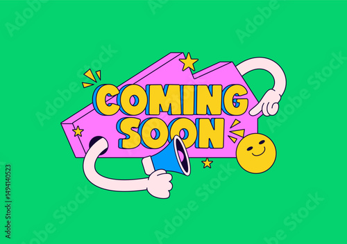 Playful and vibrant graphic featuring bold "Coming Soon" text with megaphone, smiley face, stars, and expressive hands. Perfect for teaser posts, product launches, and announcements.