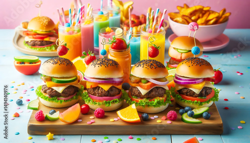 Colorful Kids Birthday Party Food Spread with Mini Burgers and Drinks