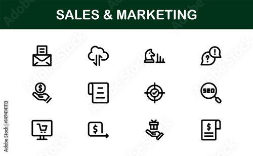Professional Sales and Marketing Icon Collection for Digital Marketing, Business Development, Advertising Strategies, Brand Management, and Client Acquisition