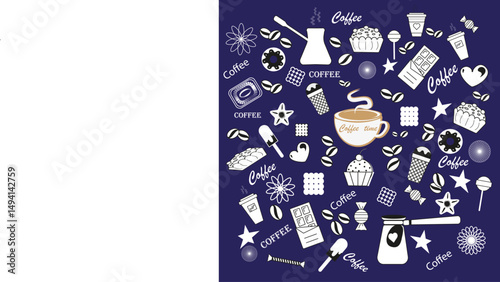 Coffee pattern background. Coffee time text. Blue dark base. Vector beverage illustration.