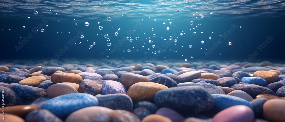 Fototapeta premium Underwater Scene of Colorful Pebbles and Bubbles in Clear Water