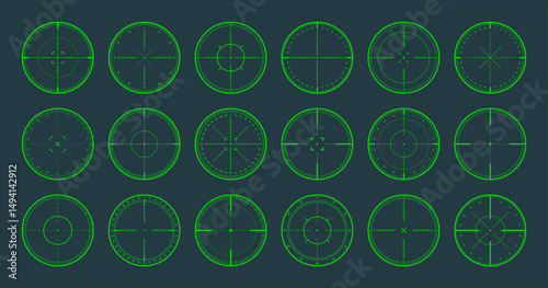 Various sniper rifle sights with degree scale, weapon optical scope crosshair. Hunting gun viewfinder. Shooting mark symbol, aim. Military target sign. Game interface UI element. Vector illustration
