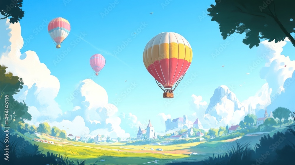 Obraz premium Hot air balloons over a village landscape