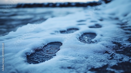 Footprints in the Sand Along the Ocean Shoreline at Sunset