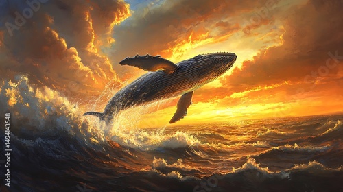 Majestic Whale Leaping from Ocean at Sunset with Dramatic Clouds