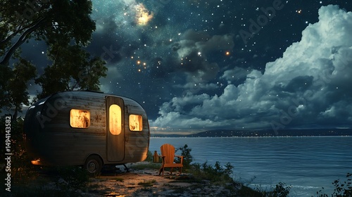 Serene Night by the Lake with Caravan and Starry Sky