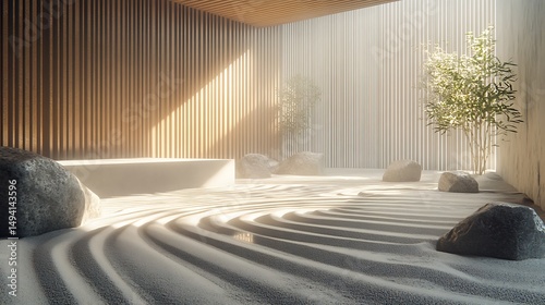 Serene Zen Garden with Sand Patterns and Natural Light