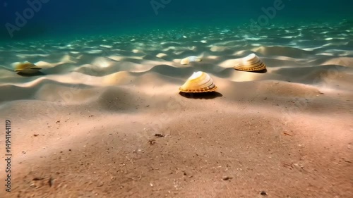 Underwater seascape with three shells sitting on a sandy ocean floor bathed in sunlight and reflections creating rippled patterns.