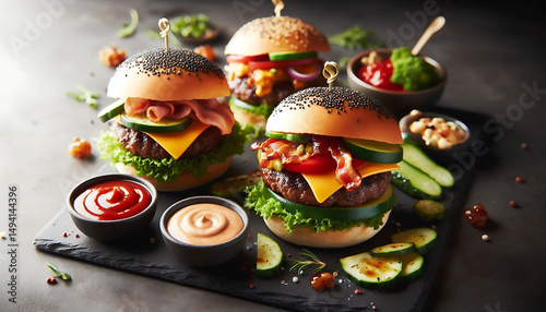 Gourmet Burgers with Toppings and Sauces on Dark Slate