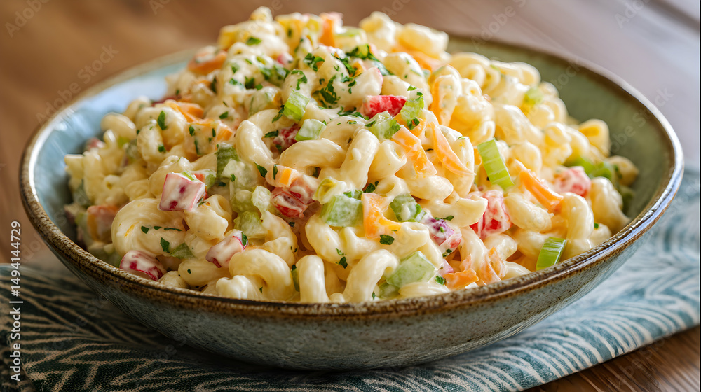 Macaroni Salad in a Ceramic Bowl with Vegetables and Herbs on Wooden Table Macaroni Salad in a Ceramic Bowl with Vegetables and Herbs on Wooden Table