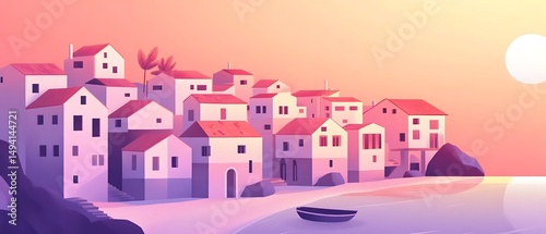 Charming Coastal Village at Sunset with Vibrant Sky and Water