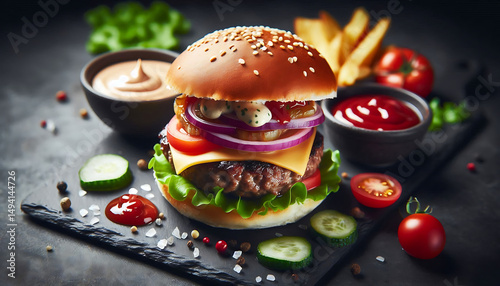 Juicy Cheeseburger with Fries and Condiments on Dark Background