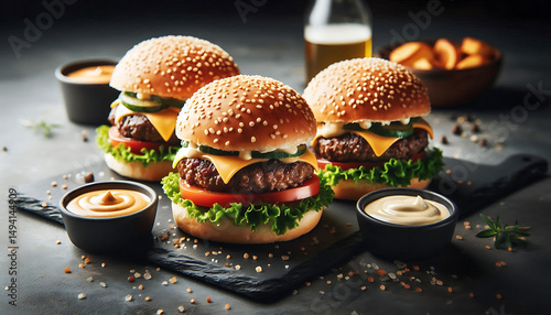 Juicy Cheeseburgers with Sauces and Potato Wedges