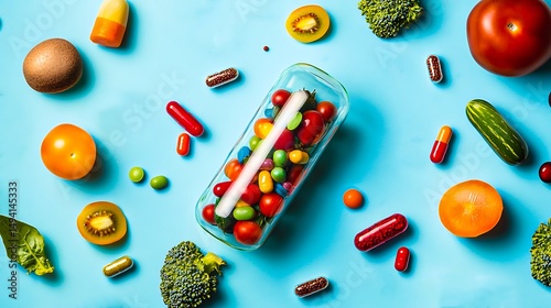 Giant Capsule Filled with Vitamins and Colorful Fruits Vegetables Healthy Eating Concept photo