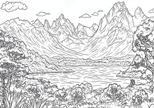 Paysage montagneux lacustre en noir et blanc