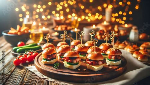 Delicious Mini Burgers and Appetizers on Wooden Board, Festive Setting