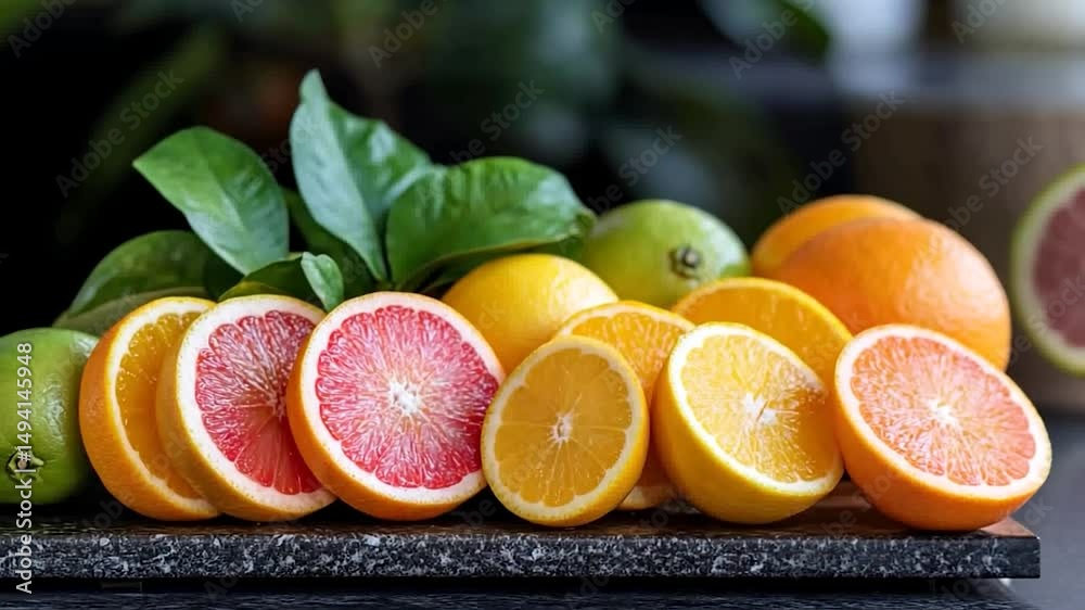 Fresh assorted citrus fruits arranged on a dark stone surface showcasing vibrant colors and textures suitable for culinary or health themes. Fresh assorted citrus fruits arranged on a dark stone surface showcasing vibrant colors and textures suitable for culinary or health themes.