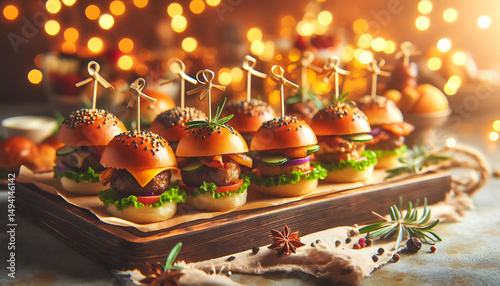 Delicious Mini Burgers on Wooden Board with Festive Lighting
