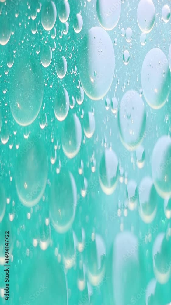 Una toma de cerca de varias burbujas de agua y aceite en movimiento en un fondo de color verde claro. Video vertical