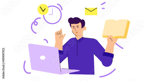 Flat Character illustration Man Using Laptop and Sending Email Notification