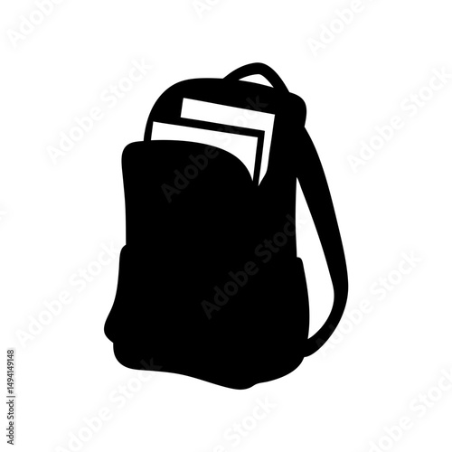 Black silhouette of a school backpack with visible documents inside, isolated