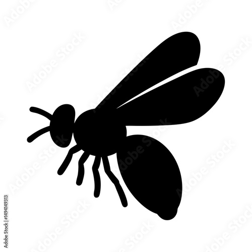 Silhouette of a black wasp in flight showing legs and wings