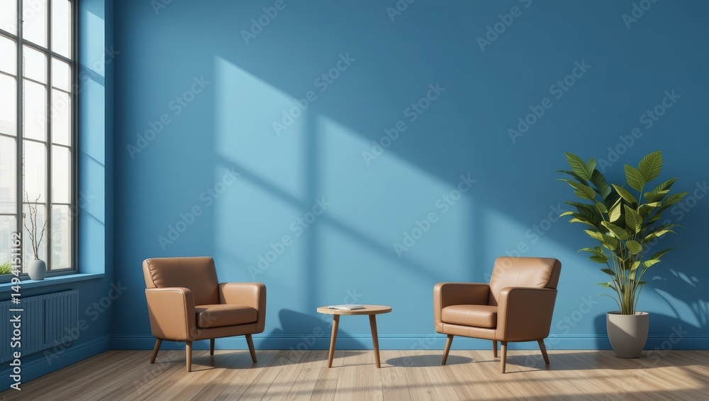 Cozy Seating Area with Two Armchairs and a Small Table in a Bright Blue Room with Natural Light Cozy Seating Area with Two Armchairs and a Small Table in a Bright Blue Room with Natural Light