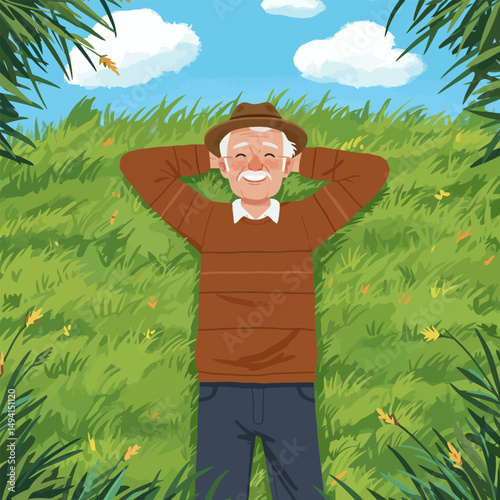 Relaxing Senior Man Lying in Green Grass on a Sunny Day