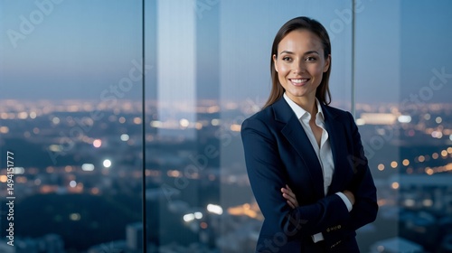 Confident businesswoman smiling with arms crossed in modern office   photo
