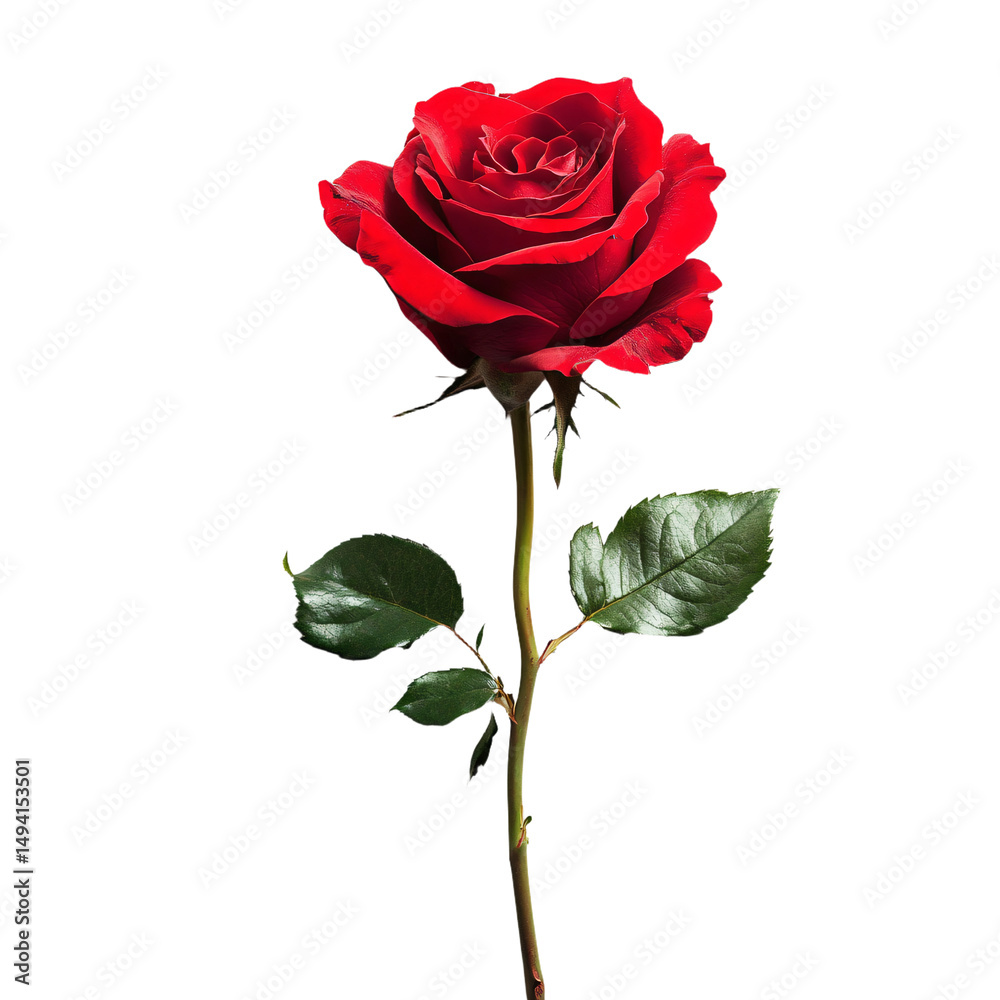 Obraz premium a single red rose with green leaves on a stem