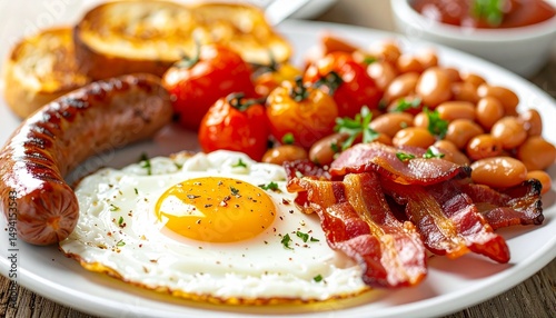 Close-up of a traditional English big breakfast served on a white ceramic plate, featuring eggs, sausages, baked beans, grilled tomato, hash browns, mushrooms, and toast, studio lighting, overhead ang
