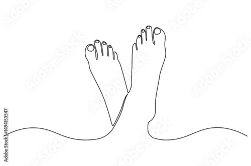Continuous one line drawing of Female feet with pedicure. Single line drawing illustration of Woman legs of skincare for beauty. Health and wellness concept vector art. Doodle line illustration.